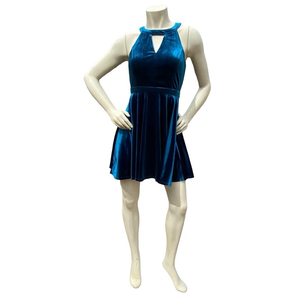ALTAR’D STATE Deep Teal Blue Velvet Sleeveless Halter Cut Out Pleated Mini Dress - Picture 2 of 16